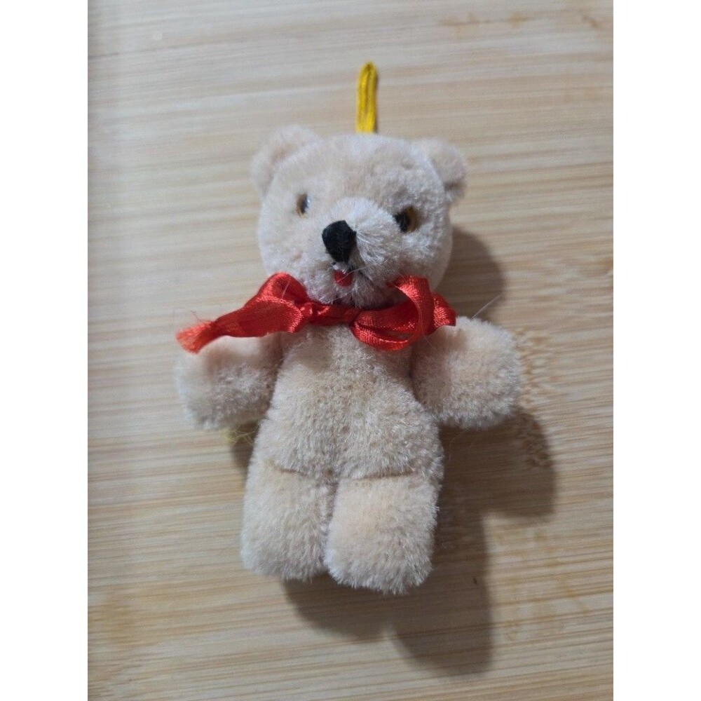 Dakin Tan Teddy Bear‎ Plush Brown Nose Red Bow Vintage 1950-1970s Ornament 4"